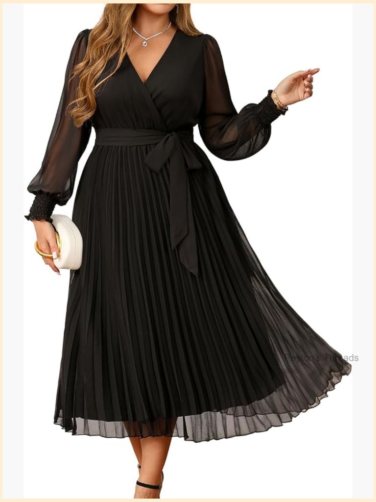 Plus Size Elegant Pleated Midi Dress - Long Sleeve V-Neck Wedding Guest